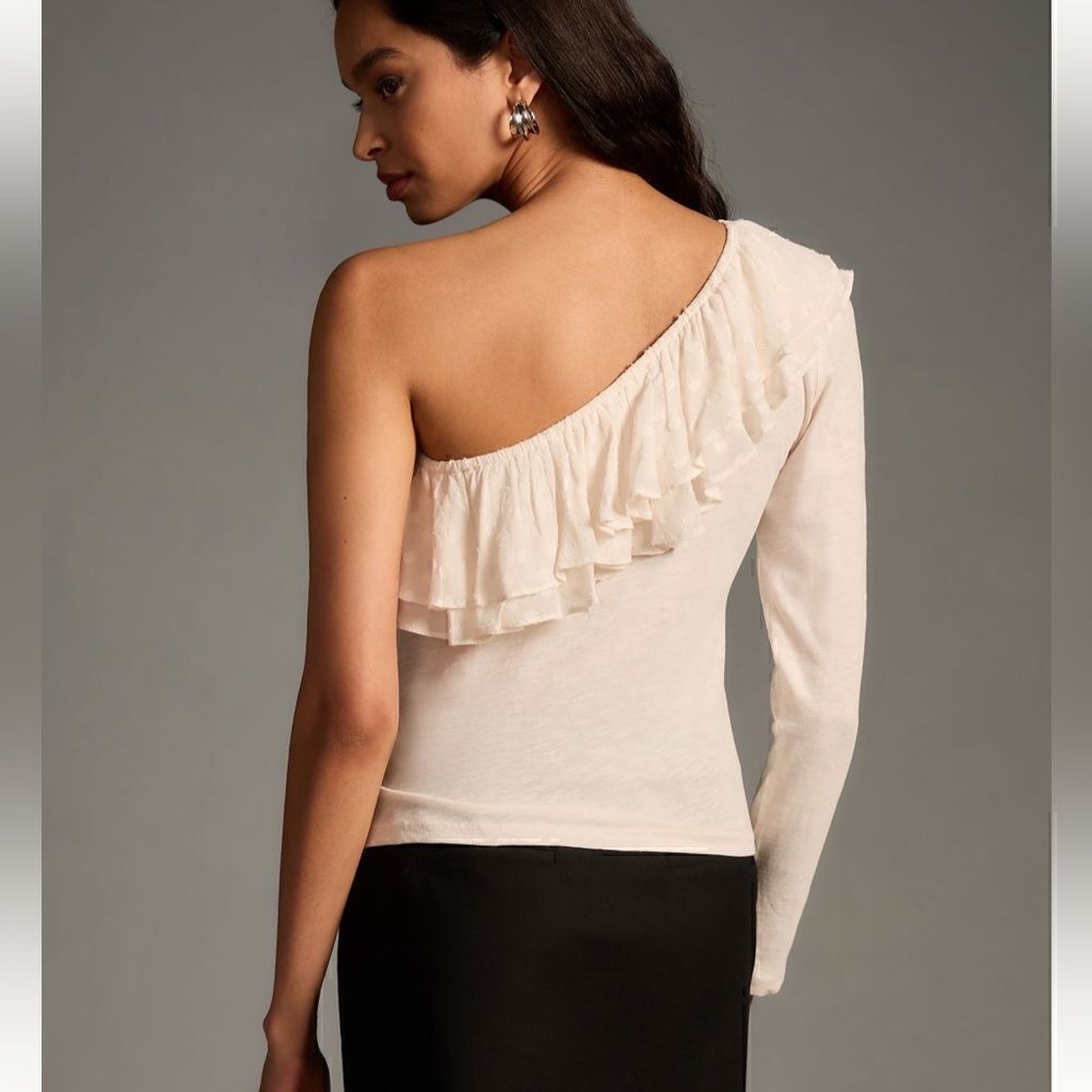Anthropologie Sheer Polka Dot Ruffle One Shoulder Top Cotton Long Sleeve Cream L - Picture 5 of 11